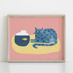 Cat and Fish Print Wall Art, Nursery Decor, Cat Mum Gift, Animal Prints, Funny Cat, Cute Cat, Nursery Wall Decor, Printable Art, Landscape image 3