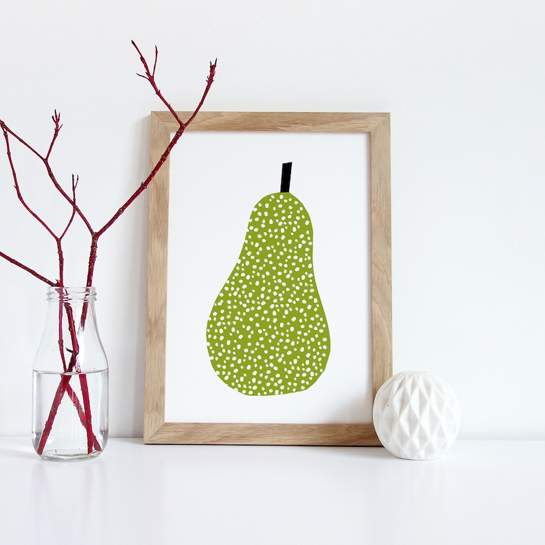 Fruit Print, Kitchen Wall Art Food, Fruit Printable Pear, Kitchen Decor, Mid Century Print Green, Gift for Foodie image 1