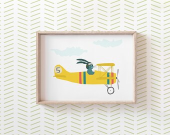 Airplane and Rabbit Downloadable Print for Nursery, Kids Wall Art, Home decor Printable