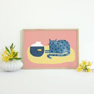 Cat and Fish Print Wall Art, Nursery Decor, Cat Mum Gift, Animal Prints, Funny Cat, Cute Cat, Nursery Wall Decor, Printable Art, Landscape image 2