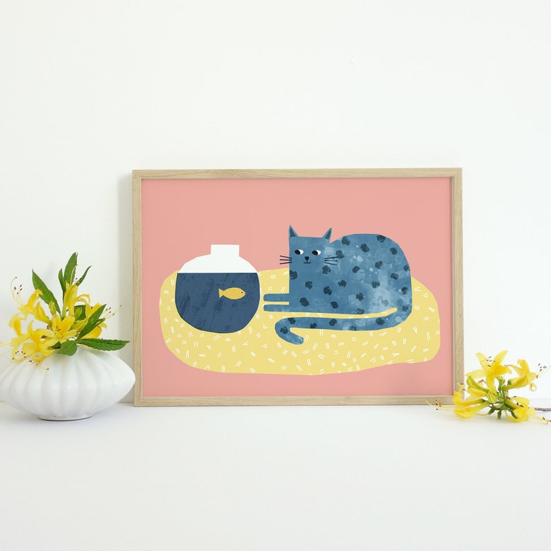 Cat and Fish Print Wall Art, Nursery Decor, Cat Mum Gift, Animal Prints, Funny Cat, Cute Cat, Nursery Wall Decor, Printable Art, Landscape image 2