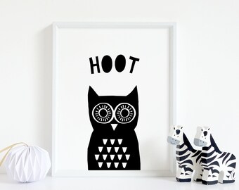 Monochrome Nursery Print Owl Wall Art PRINTABLE, Bird Print for Playroom in Black and White, 8 x 10 inch, A3, Digital Download.