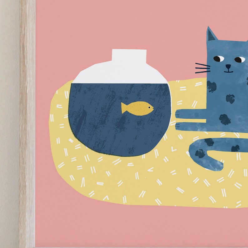 Cat and Fish Print Wall Art, Nursery Decor, Cat Mum Gift, Animal Prints, Funny Cat, Cute Cat, Nursery Wall Decor, Printable Art, Landscape image 4