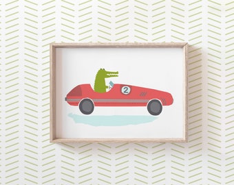 Vehicle Print for Nursery, Racing Car Print, Boys Bedroom Prints, Digital Download Kids Room, Alligator, Crocodile Kids Room