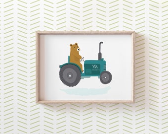 Tractor Print for Nursery, Farm Vehicle Prints for Boys Room, Digital Download Nursery Art, Transport Nursery Decor, Bear Driving Tractor