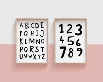 Nursery Wall Art Printable Alphabet and Numbers Set, ABC Poster and 123 Print in Black and White