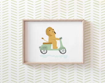 Lion on a Vespa Print for Kids Room, Printable Wall Art Kids, Boys Wall Art, Transport Theme Nursery, Transport Prints Kids