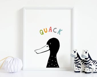 Kids Room Decor, Farmyard Nursery Print, Duck Wall Art Kids, Black and White Nursery Decor, Duck Quack Printable, Instant Download, Bird Art