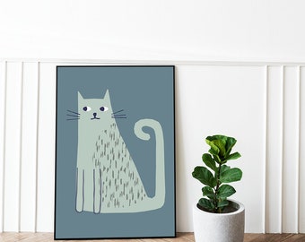 Blue Cat Print, Illustration Art Print, Cute Cat Art, Animal Lover Gift, Nursery Decor, Cat Lover Gift