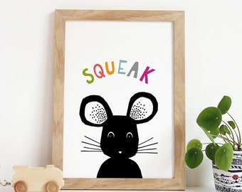 Printable Nursery Art, Digital Download Art, Animal Art, Mouse Print, Kids Animal Art, Black and White Nursery, Illustration, Instant PDF