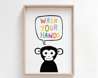 Wash Your Hands, Funny Bathroom Print, Monkey Printable, Kids poster, stay safe, corona printable, Funny Bathroom Printable, Bathroom Art