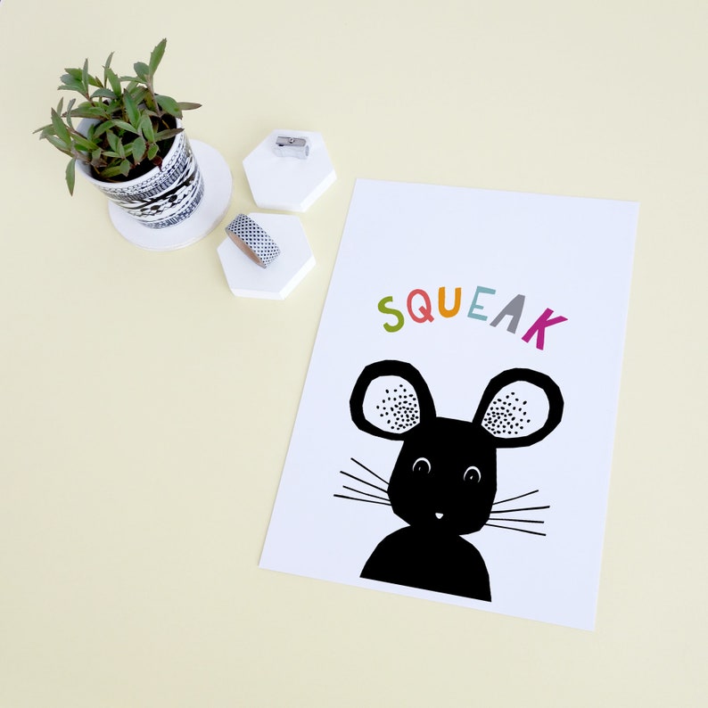 Printable Nursery Art, Digital Download Art, Animal Art, Mouse Print, Kids Animal Art, Black and White Nursery, Illustration, Instant PDF image 3
