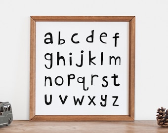 Alphabet Print, Scandinavian Lower Case Alphabet, ABC Poster, Modern Nursery Print, ABC Art, Playroom Sign, Black and White, Baby Boy Gift