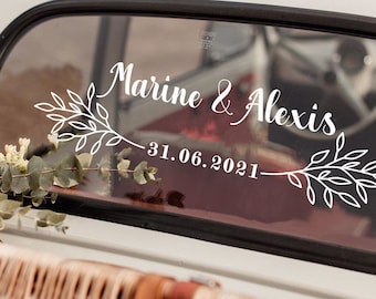 Olive Leaf Wedding Car Decal • Personalized Names & Date Vinyl Sticker