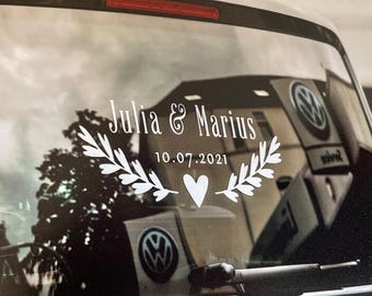 Heart Laurel Wedding Car Decal • Personalized Names & Date Vinyl