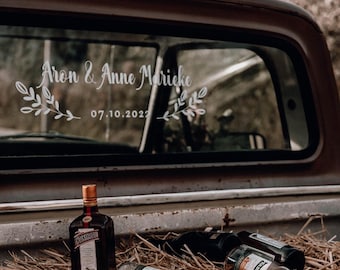 Personalized Wedding Car Decal • Tulip Bloom, Names & Date Vinyl Sticker