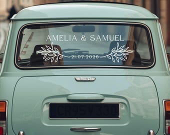 Olive Leaf Wedding Car Decal • Personalized Names & Date Vinyl Sticker