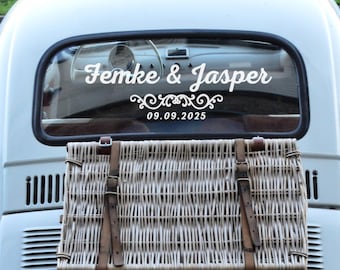 Personalized Wedding Car Decal • Vintage Flourish, Just Married Vinyl
