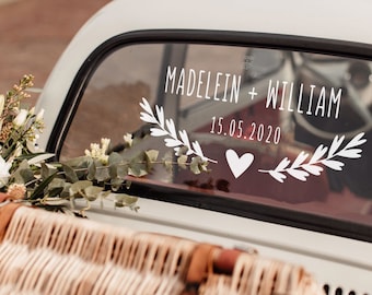 Personalized Wedding Car Decal • Heart Laurel, Just Married Vinyl Sticker