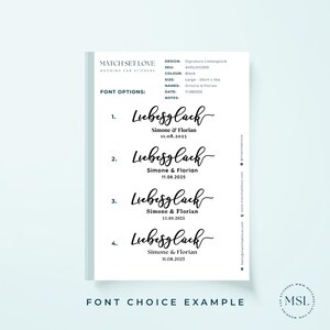 May include: A white informational sheet titled MATCH SET LOVE WEDDING CAR STICKERS displaying four font options for the text Liebesgl&uuml;ck, Simone & Florian, and 11.08.2025. The document includes design details like SKU #MSLSIG009, black color, and 59cm x 10a size.