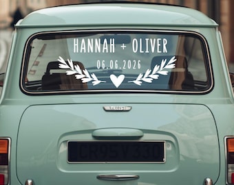 Personalized Wedding Car Decal • Heart Laurel, Just Married Vinyl Sticker