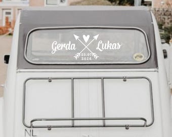 Personalized Wedding Car Decal • Arrow Heart Names & Date Vinyl Sticker