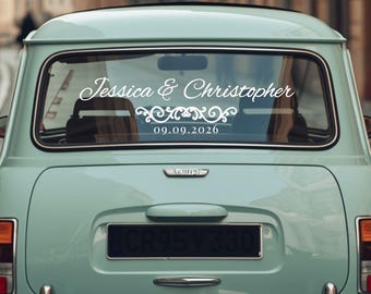 Personalized Wedding Car Decal • Vintage Flourish, Just Married Vinyl