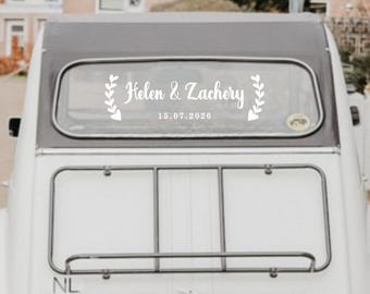 Personalized Leafy Heart Wedding Car Decal • Rustic Getaway Decor