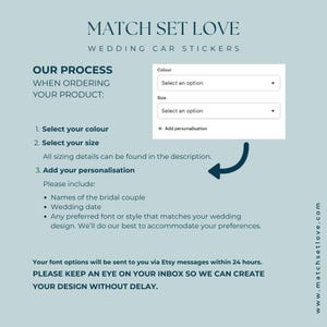 May include: A light blue informational graphic for Match Set Love wedding car stickers. It outlines the ordering process, including selecting color and size, adding personalization like names and dates, and checking Etsy messages for font options.