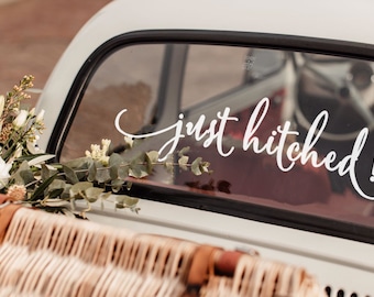 Just Hitched Sign - Wedding Car Sticker - Getaway Car Decal
