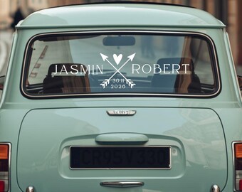 Personalized Wedding Car Decal • Arrow Heart Names & Date Vinyl Sticker