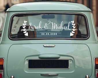 Personalized Leafy Heart Wedding Car Decal • Rustic Getaway Decor