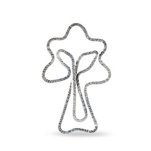 May include: A silver paperclip shaped like a tree. The paperclip is a simple design with a rounded top and a straight trunk.