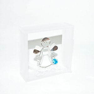 Handmade sterling silver 925 guardian angel in plexiglass wall frame. Christening or first birthday baby gift.