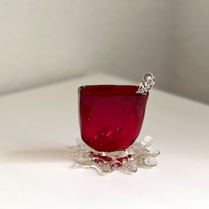 Vintage Murano Italy Hand Blown Holiday Poinsettia Ruby Red Square Cup