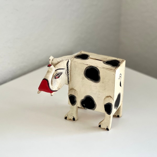 Vintage Folk Art Milk Cow Elephant Wooden Piggy Bank