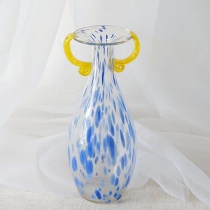 Hand Blown Blue Clear Yellow Handled Art Nouveau Glass Vase