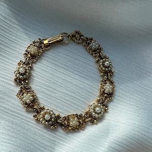 Vintage Florenza perlas falsas pulsera victoriana en tono dorado