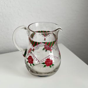 Vintage Mid century MCM Romania Hand Painted Red Rose Clear Glass Pitcher
