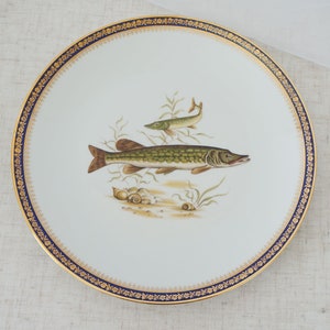 Vintage Porcelaine d&#39;Art Limoges France Cobalt Blue Fish Northern Pike Collectible Plate