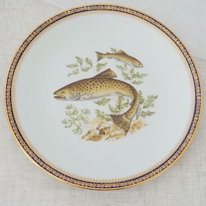 Vintage Porcelaine d&#39;Art Limoges France Cobalt Blue Fish Trout Collectible Plate