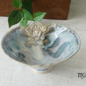 Hand Made Light blue 3D Rose Decorative Art Pottery Bowl Signed