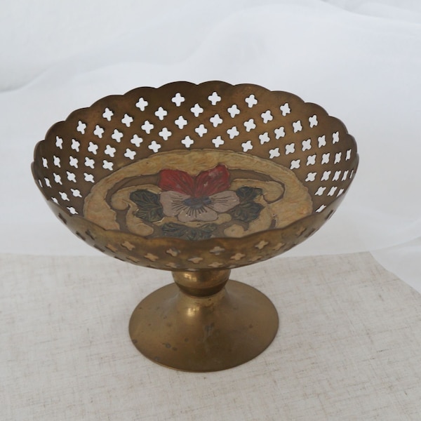 Vintage Penco Industries Inc Indian Enamel Floral Brass Compote