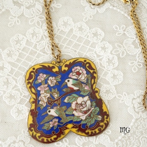 Vintage Bird Flower Floral Cloisonne Necklace Korean 2 3/8" Pendant