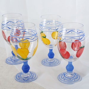 Set of 4 Hand Painted Blue Pear Fruit Glasses Glass Goblets