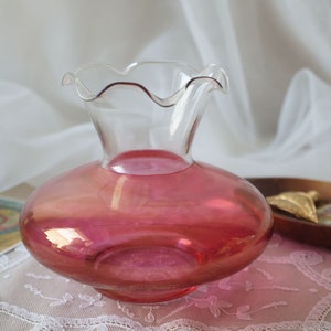 Vintage Cranberry Flashed Glass Ruffled Clear Glass Vase