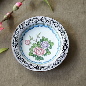 Vintage House of Global China Chino Rosa Púrpura Floral Cloisonne Bronce Pequeño Plato Redondo Plato