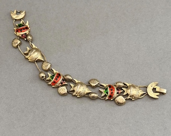 Vintage Enamel Fish Seashell Gold Tone Bracelet