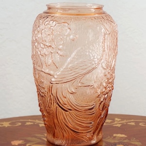 Vintage Indiana Orange Pink Pheasant on Branch Flower Large Art Glass Vase