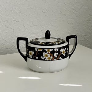 Vintage Noritake Rare Black White Blossom Porcelain Sugar Bowl